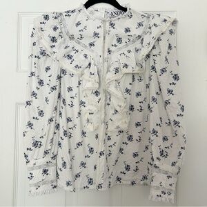 Andion White and Blue Ruffled Bib Lace Collar Blouse Floral